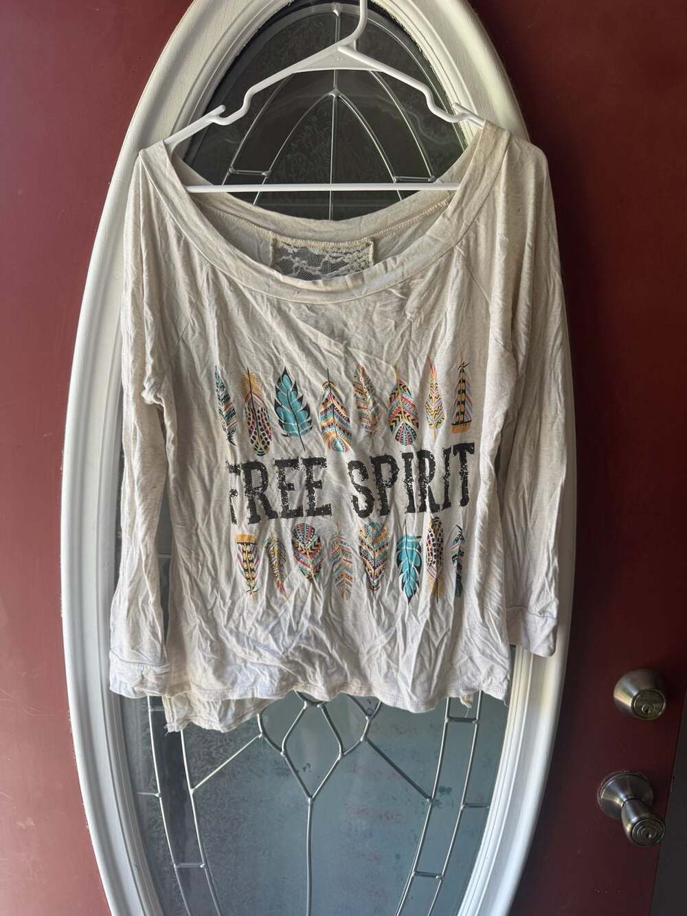 23 Love Street Free Spirit Feather Print Lace Back Long Sleeve Top Size 1X